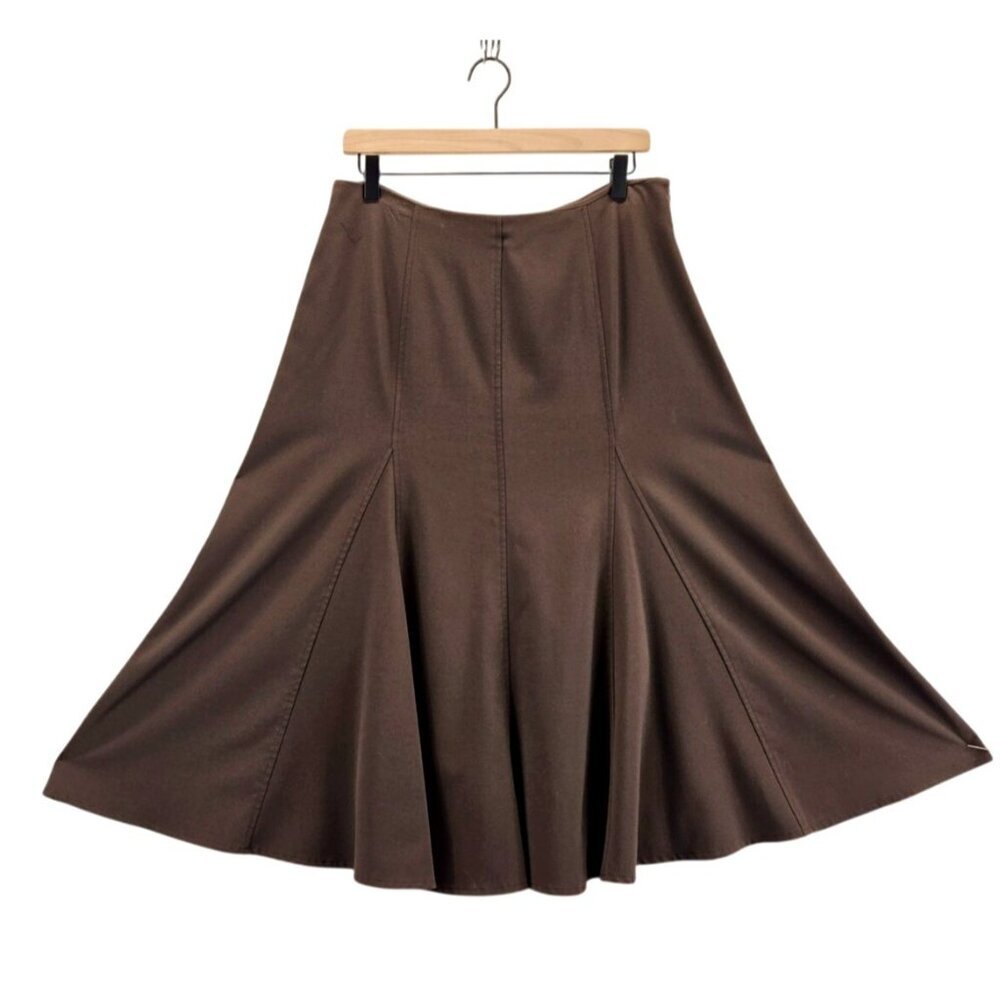 Dressbarn Brown Career Wear Skirt Midi  Flare Godet Insterts Bandless Waist - Picture 3 of 10